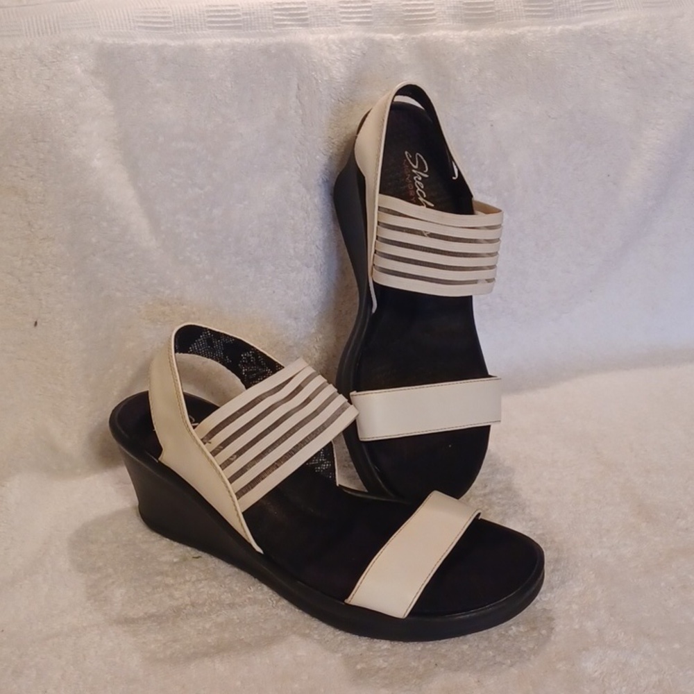 Skechers Women's Cream and Black Wedge Sandals